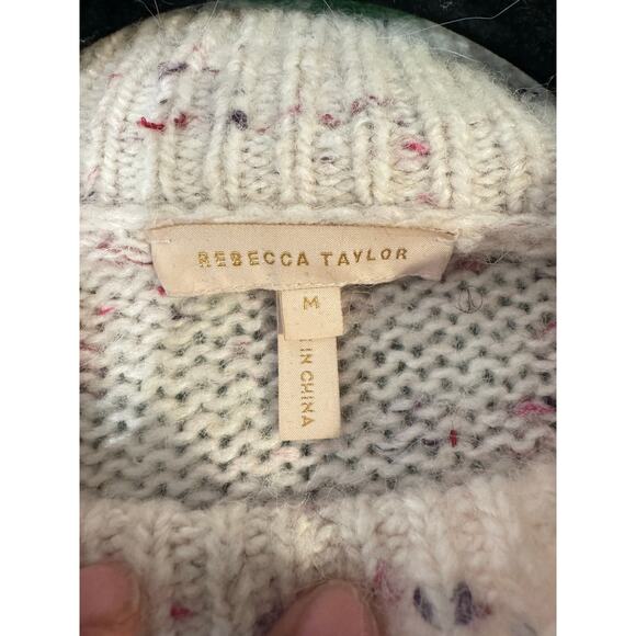 Rebecca Taylor Speckled Cable Knit Puff Sleeve Sweater Cream Wool Alpaca Size M - Picture 7 of 7